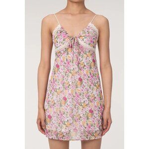Commense‎ Floral Rose Print Lace-Trimmed Mini Slip Dress With Tie Neck & Smocked
